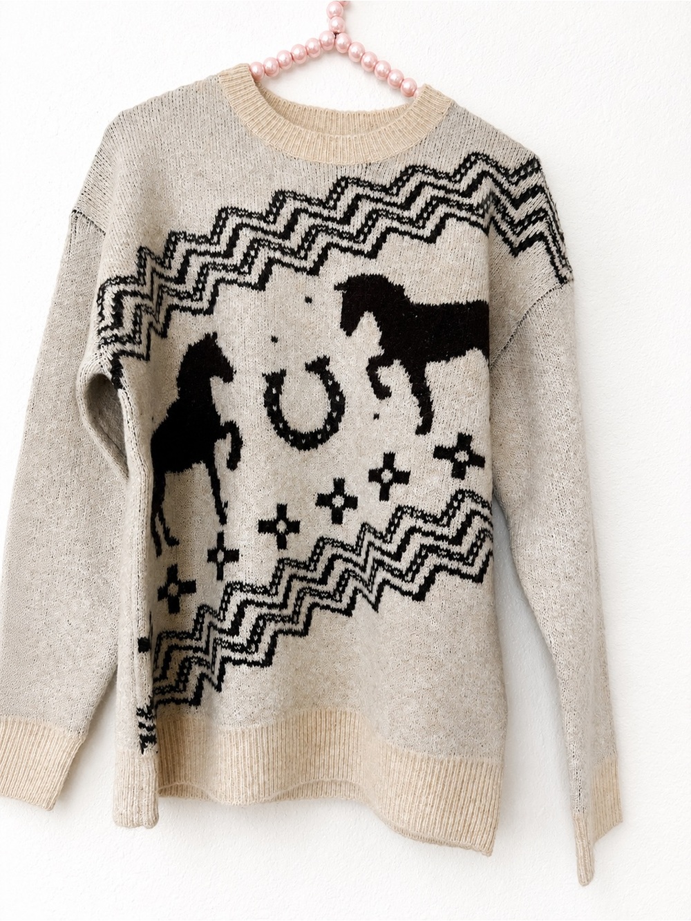 NWT Heartloom Horse & Horseshoe Western Knit Sweater Beige Black XS